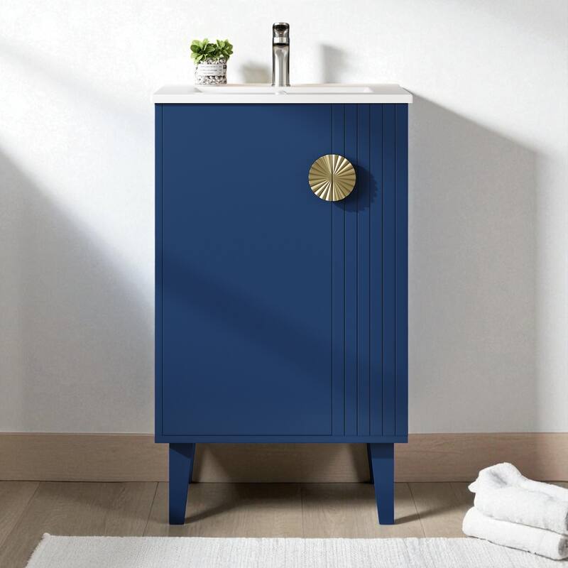 20" Freestanding Bathroom Vanity with Ceramic Sink, Soft-Close Door and Half-Moon Pull, French Style Cabinet - Blue