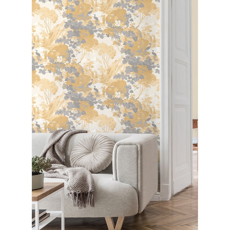 Brewster Eden Mustard Crane Lagoon Wallpaper