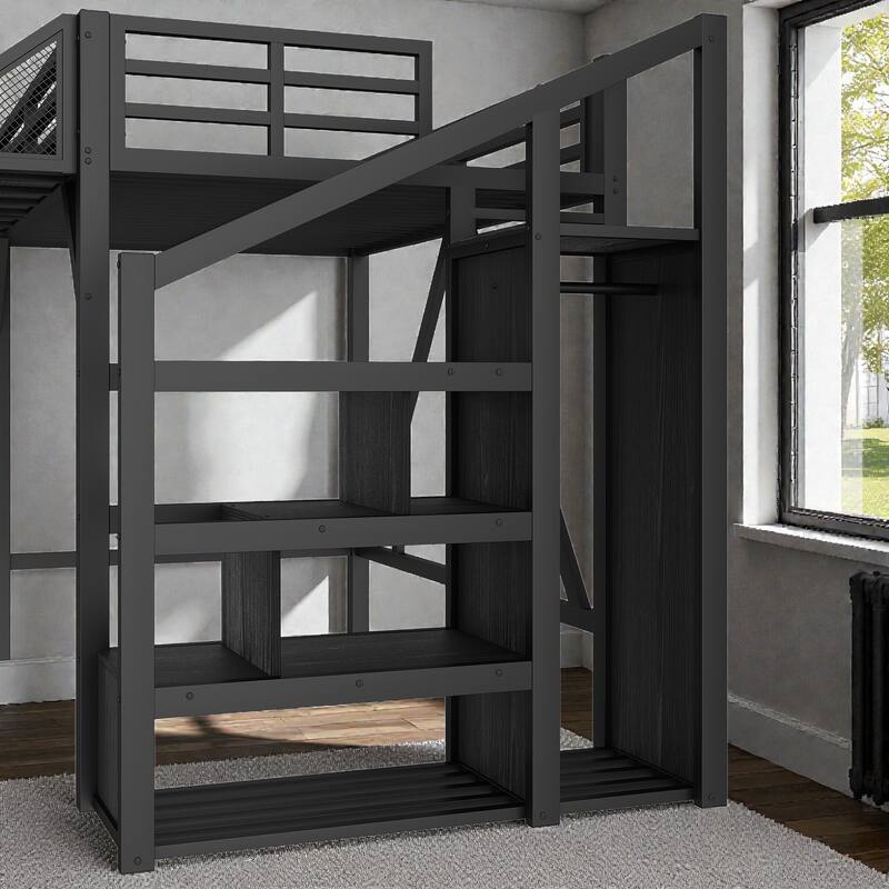 Metal Loft Bed with Storage Stairs, Wardrobe and Shelves, USB Ports and LED Lights, Noise Reduced Frame