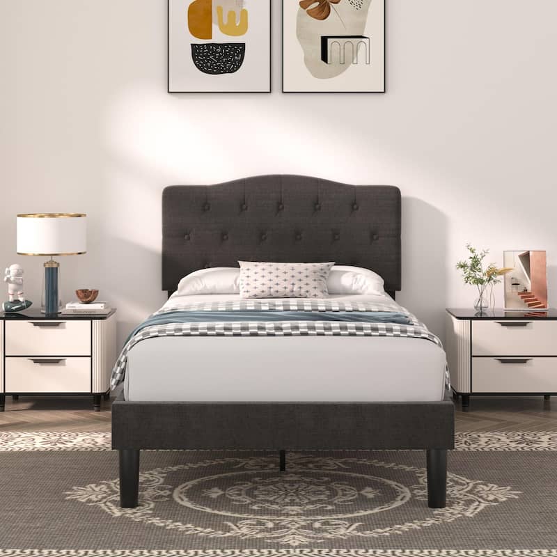 VECELO Modern Upholstered Kids Bed with Height Adjustable Tufted Headboard,Twin Size Bed Set of 2