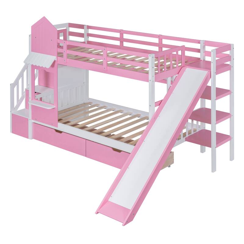 Pink Twin-Over-Twin Castle Bunk Bed with Drawers, Shelves, and Slide