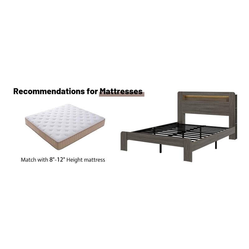 Wood Platform Bed Frame with Storage, LED Light Headboard and 2 USB Ports, Noise-Free