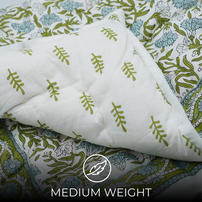 Fabdivine Luxury Hand Block Printed Cotton Quilt - Hand Stitched Thorny Stems Blue Green, Reversible Bedspread for Bedroom Décor
