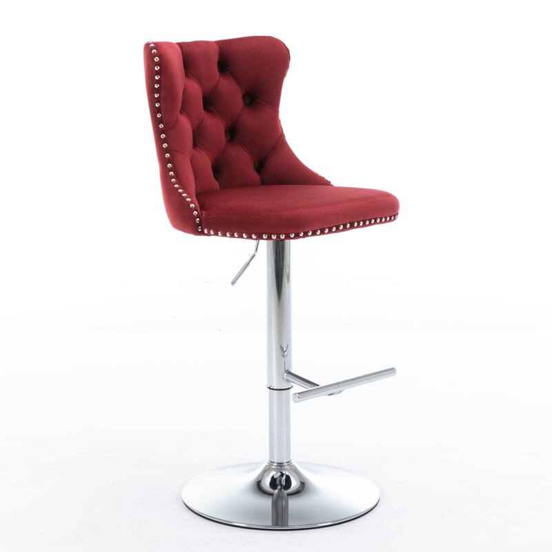 Set of 2 Swivel Velvet Bar Stools with Chrome Base & Tufted Back, Adjustable Height 25-33" - Wine Red Burgundy