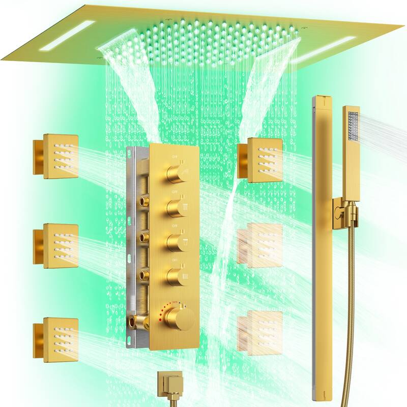 64 LED Thermostatic Shower Faucet 22"x15" Rainfall & Waterfall Shower System 5 Way Digital Display Valve w/ 6 Body Jets