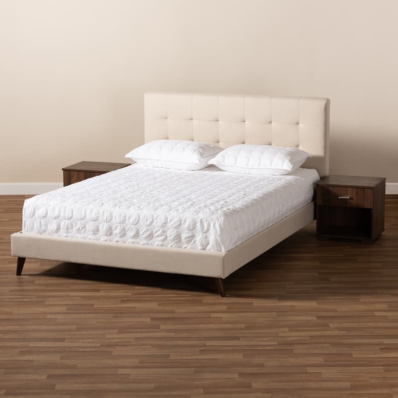 Queen Size Platform Bed with Nightstands - Upholstered Fabric Bed Frame, Beige, Modern Bedroom Furniture