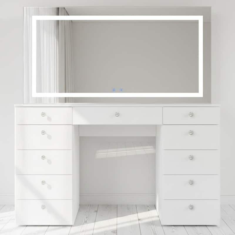 Extra-Large Vanity Desk with LED Mirror, Bluetooth Speakers, 11 Drawers and USB Ports