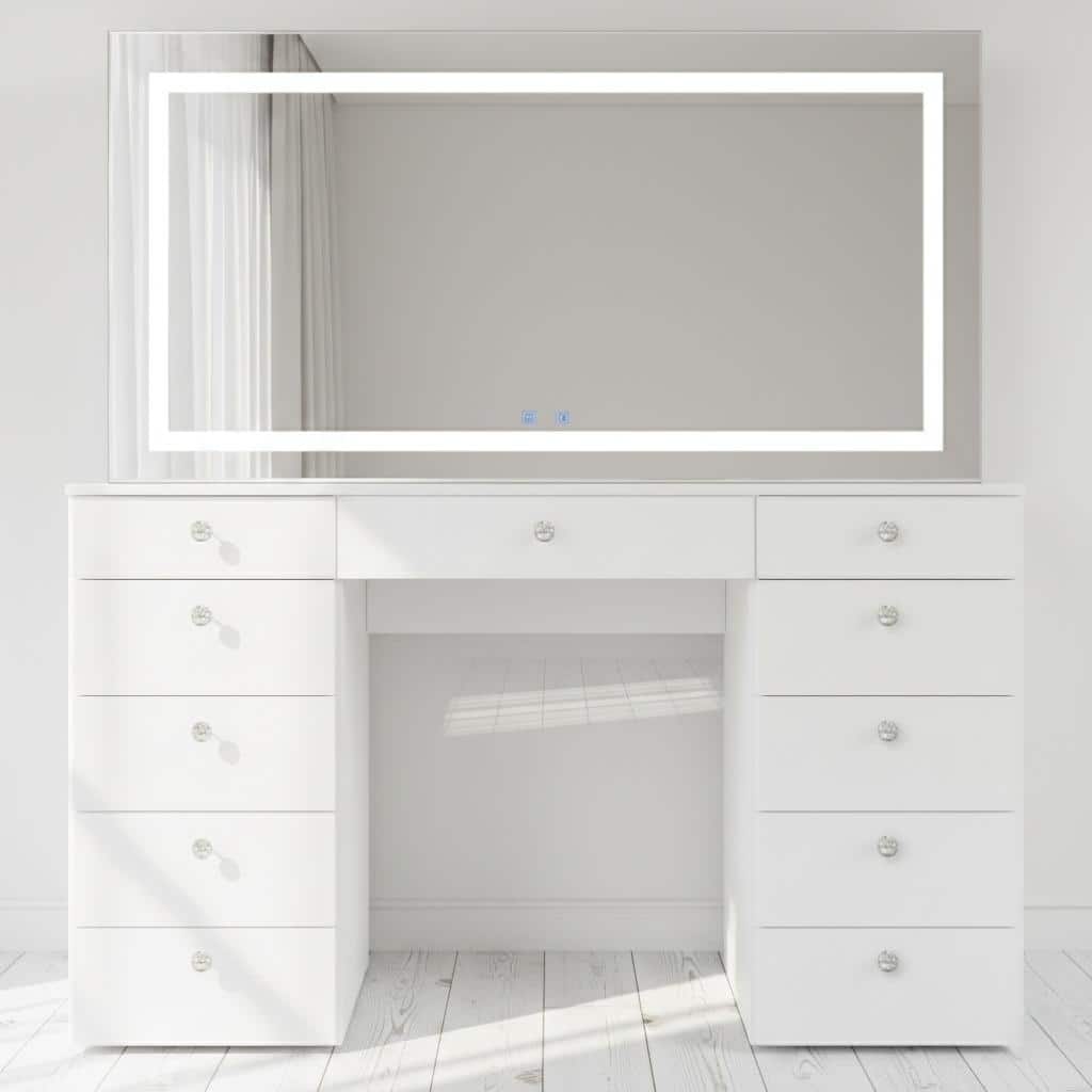 Extra-Large Vanity Desk with LED Mirror, Bluetooth Speakers, 11 Drawers and USB Ports
