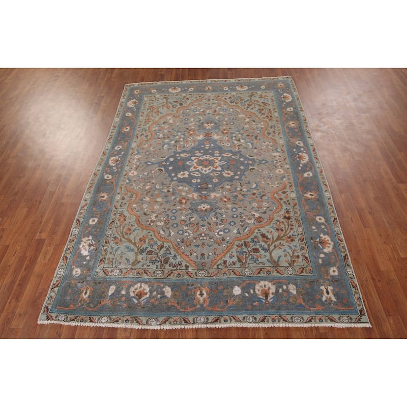 Distressed Tabriz Persian Vintage Area Rug Handmade Grey Wool Carpet - 6'8" x 9'8"