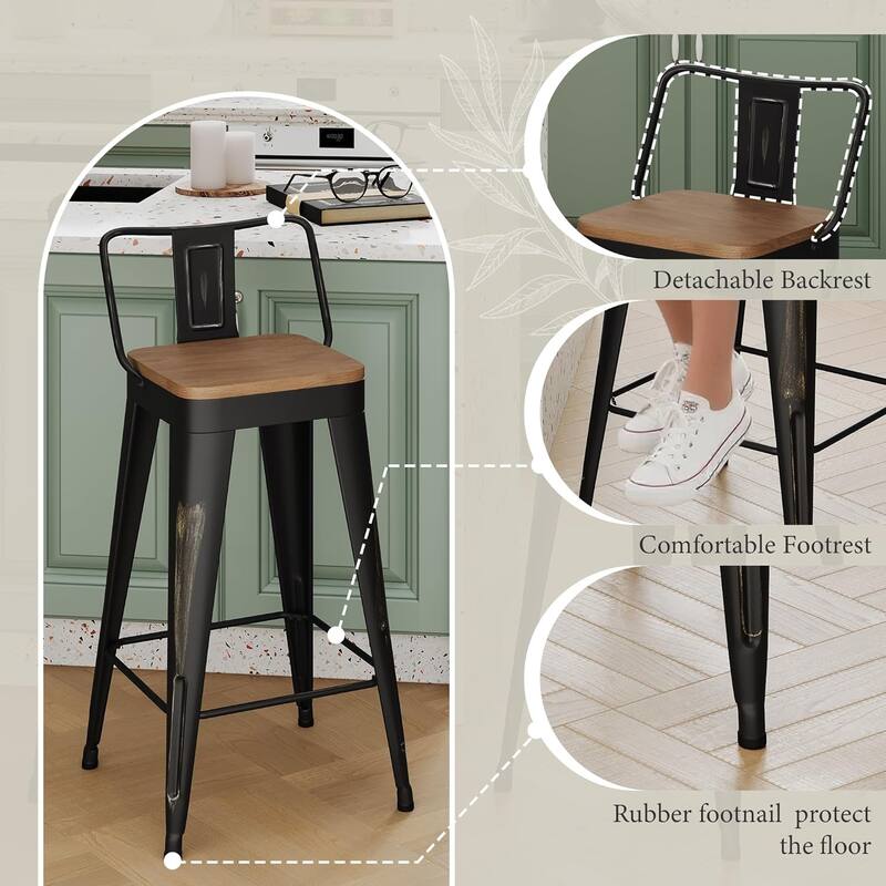 Industrial Style Counter Stools with Metal Frame 24" Kitchen Counter Height Stools with Low Back and Wooden Seat