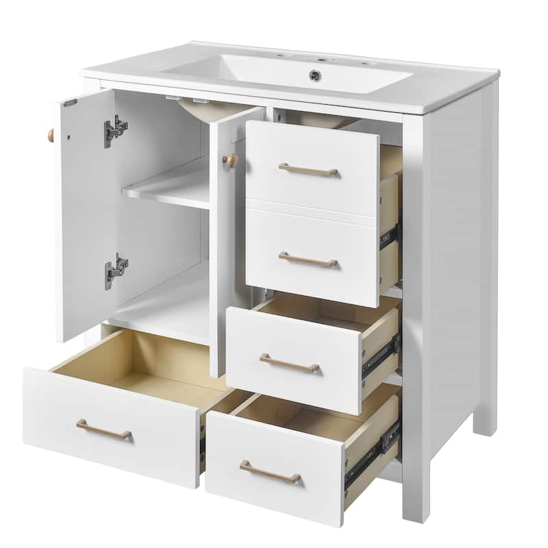 24'' Freestanding Bathroom Vanity in White with White Integrated Ceramic Sink - 30'' x 18.3'' x 33.8''