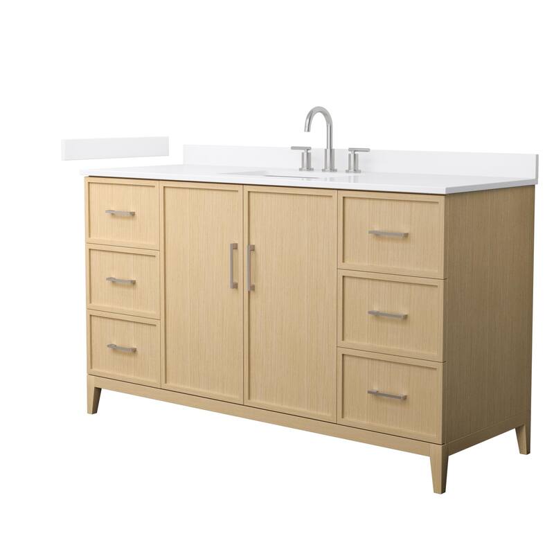 Elan 60-inch Single Vanity, 3 Hole Quartz Top - White Oak, Nickel Trim, White Quartz Top