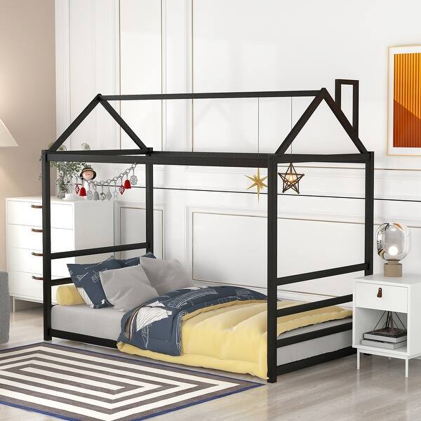 slide 2 of 22, House Platform Twin Bed with Roof and Chimney Design, Sturdy Metal Frame Black