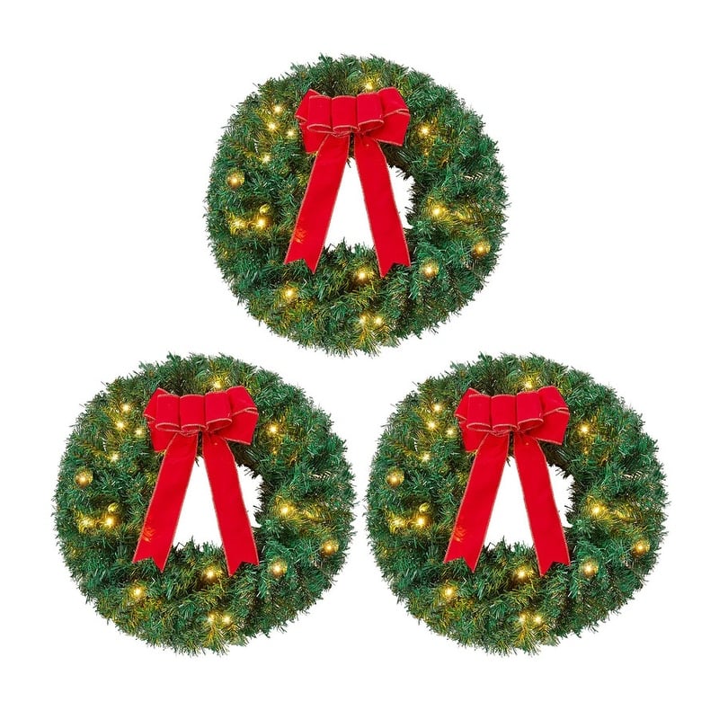 19" Christmas Wreath with LED Lights with Ribbon, 3 Pcs Christmas Wreaths for Front Door
