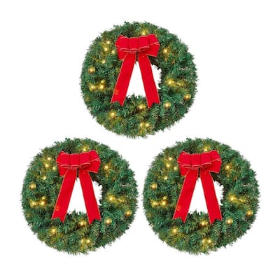 19" Christmas Wreath with LED Lights with Ribbon, 3 Pcs Christmas Wreaths for Front Door