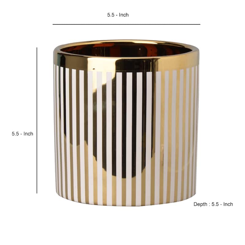 Ceramic Cylindrical Planter with Strips Pattern, White and Gold