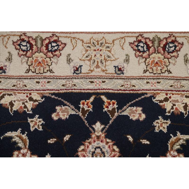 Hand Knotted Oriental Wool & Silk Carpet Traditional Floral Navy Blue & Blues Tabriz Area Rug - 4' 11'' X 3' 1''