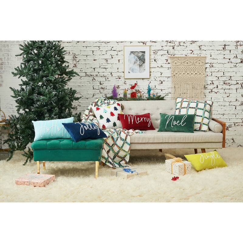 Ho Ho Ho Sky Blue Velvet Beaded Throw Pillow