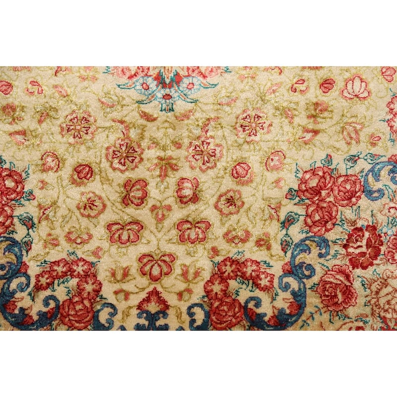 Gold Qum Persian Accent Rug Traditional Handmade Floral Silk Carpet - 3'3"x 5'0"