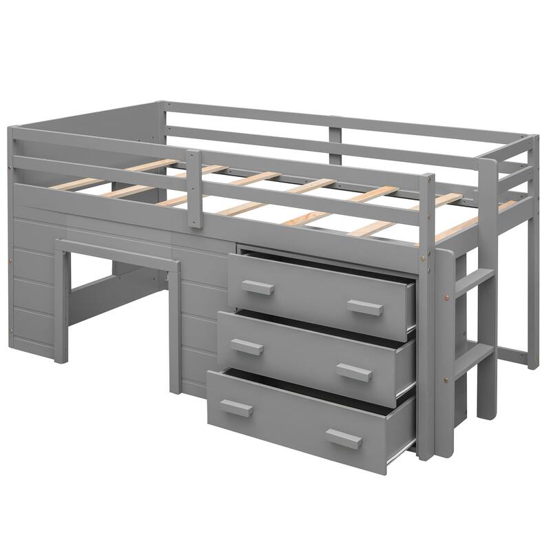 Compact Twin Loft Bed with Storage Cabinet and Shelf in Gray