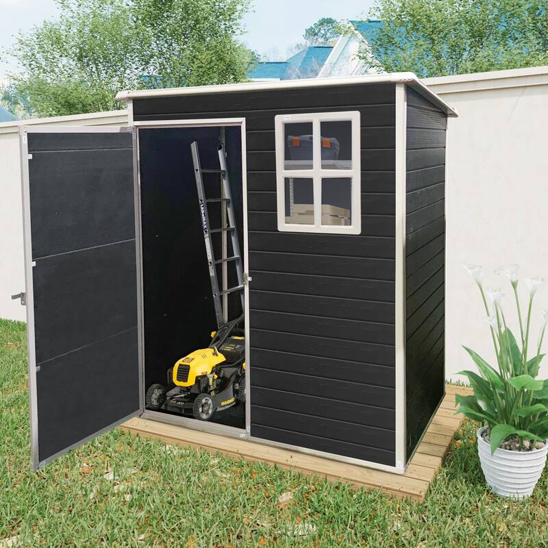GDF Studio - Calder Outdoor Resin Storage Shed with Floor, Window, and Lockable Single Door - Black