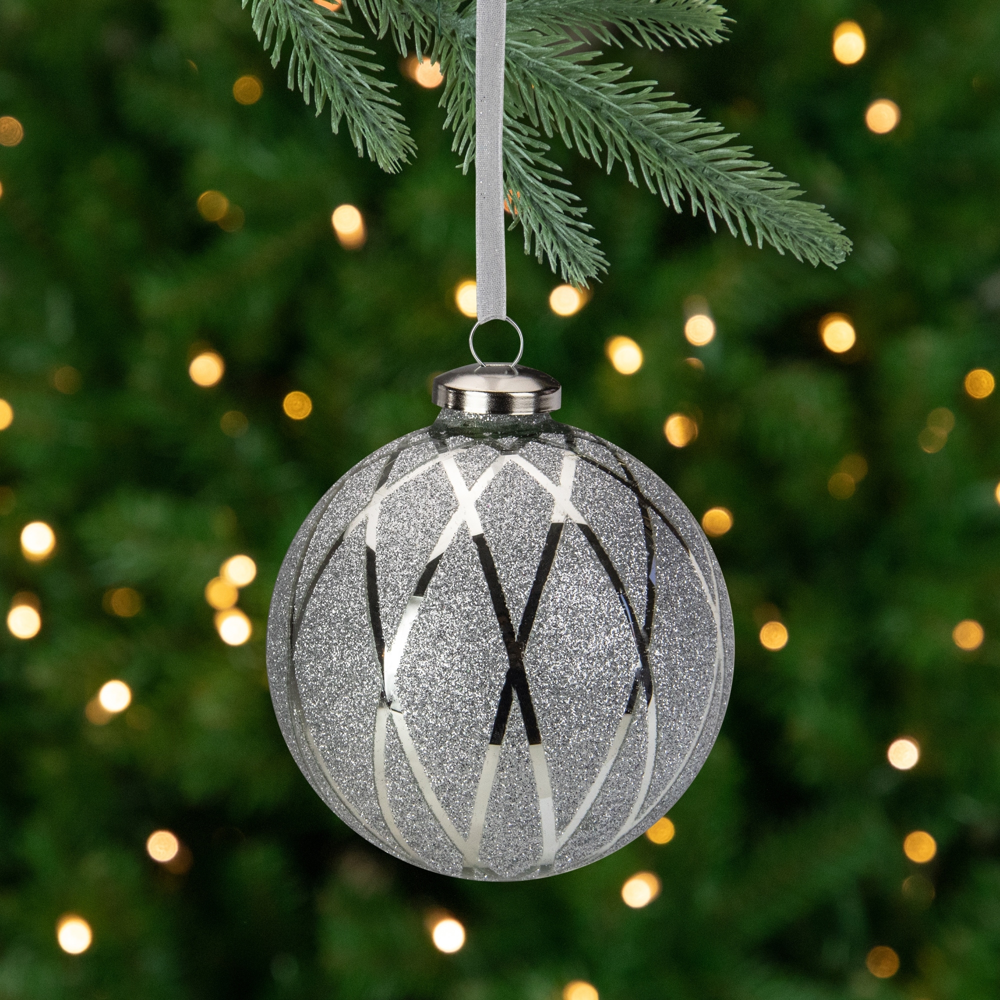 4" Silver Diamond with Glitter Glass Christmas Ball Ornament