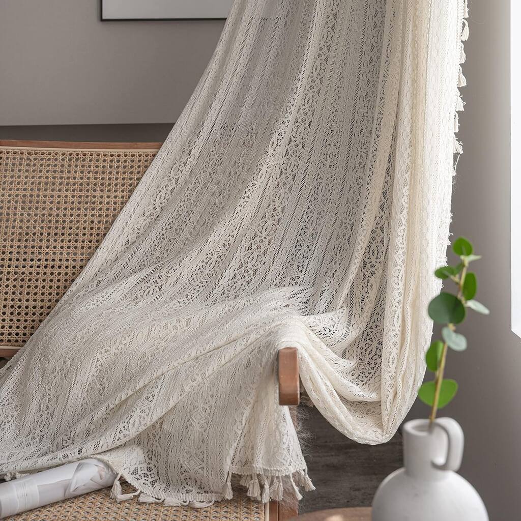 Cotton Crochet Curtains Boho Lace Curtains 2 Panel,Rod Pocket Light Filtering Sheer Curtain Tassel