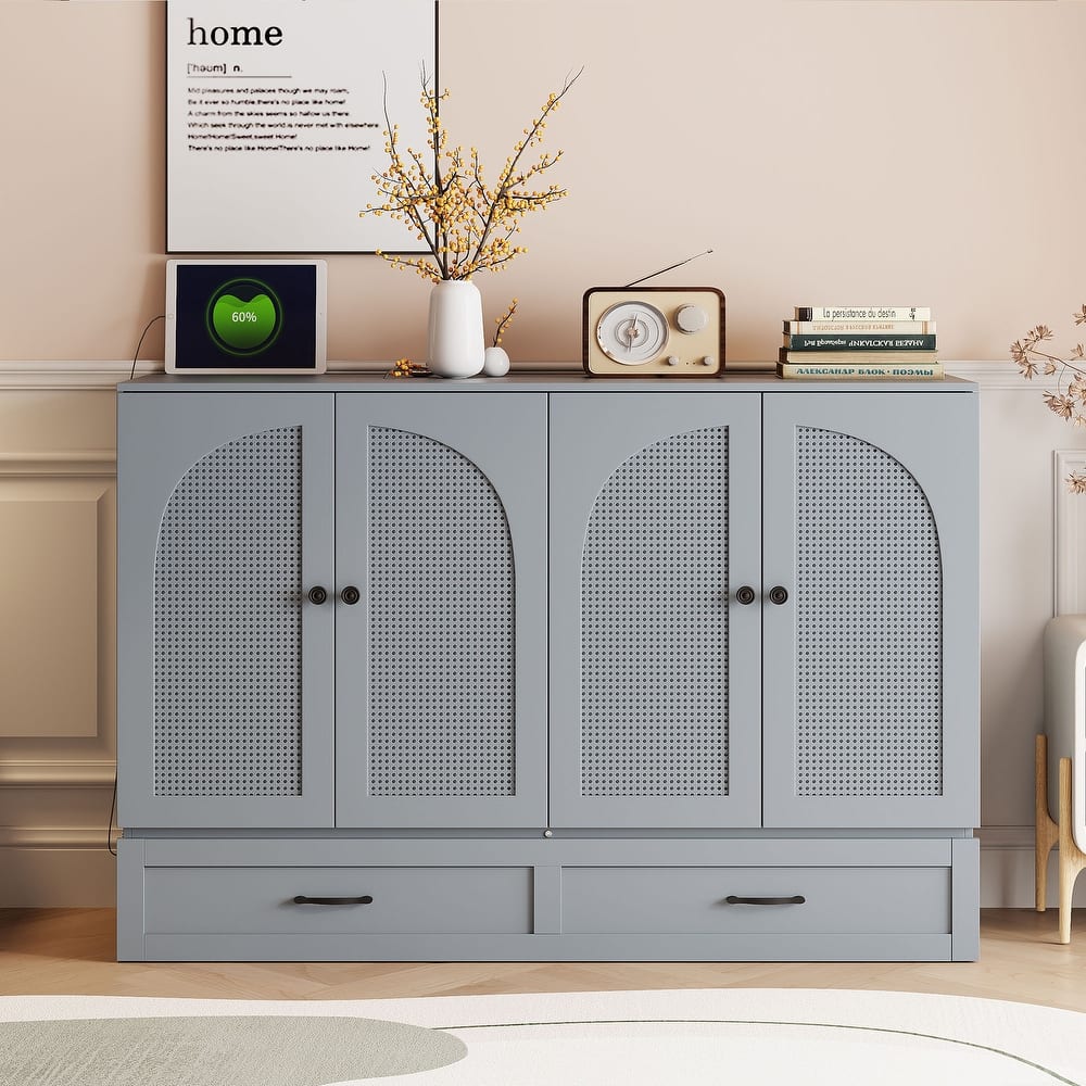 Foldable Rattan Murphy Bed with Storage Large Drawer and USB