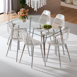 Table and Chair Set, Modern Rectangular Tempered Glass Dining Set with ...