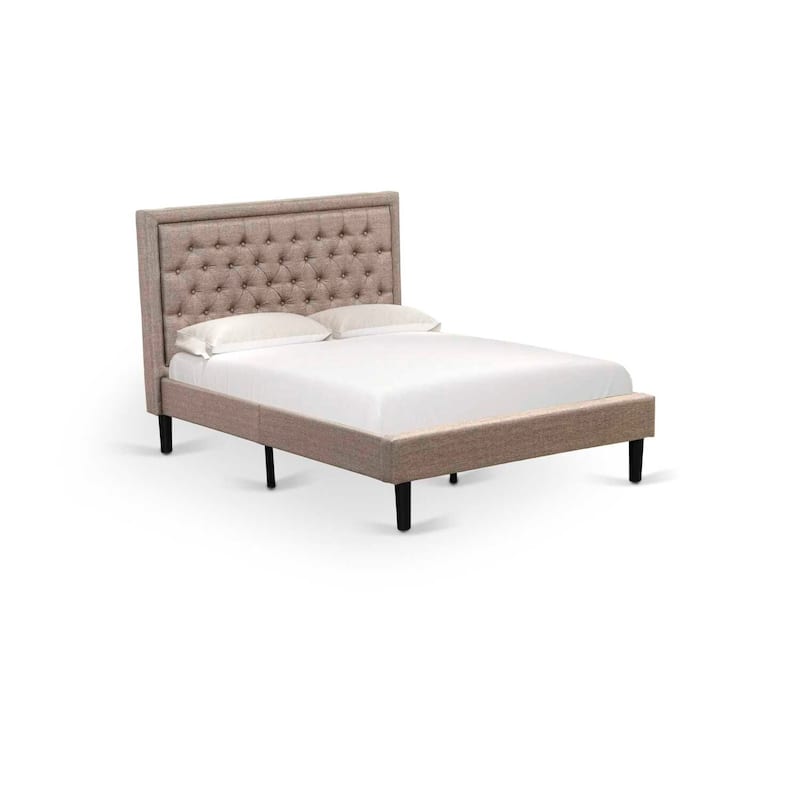 Full Size Bed - Linen Fabric Upholstered Headboard - Dark Khaki - Button Tufted Design - Modern Bedroom Furniture