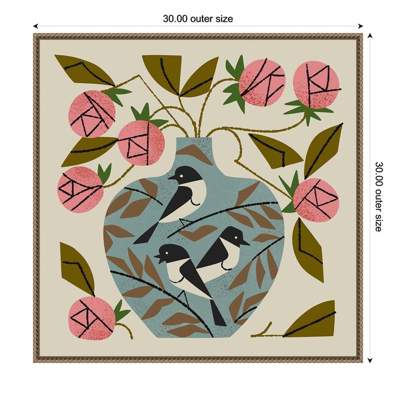 Three Bird Rose Vase by Renea l. Thull Framed Canvas Wall Art Print - Gold - 30 x 30 in