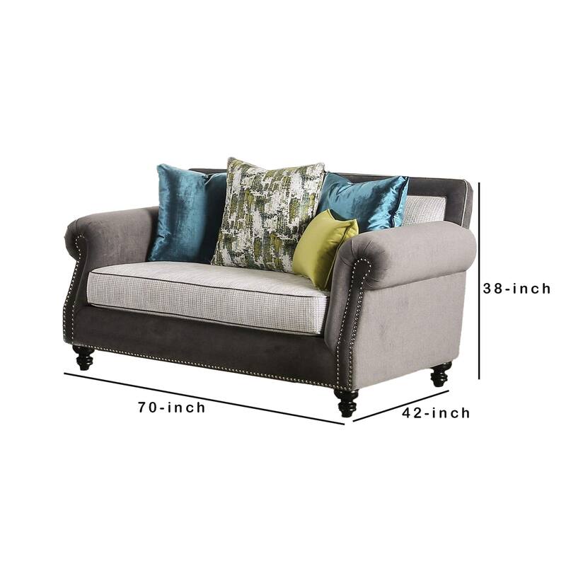 Loveseat with Rolled Arms and 4 Accent Pillows, Gray