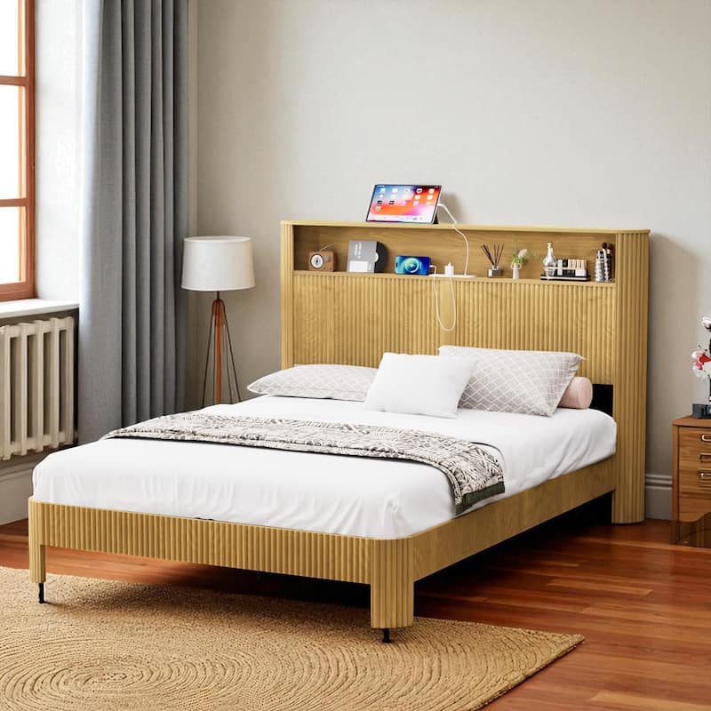 Full XL/Queen Bed Frame with Storage Headboard, USB Charging Station, Noise-Free Metal Platform with Curved Design - Natural - Queen