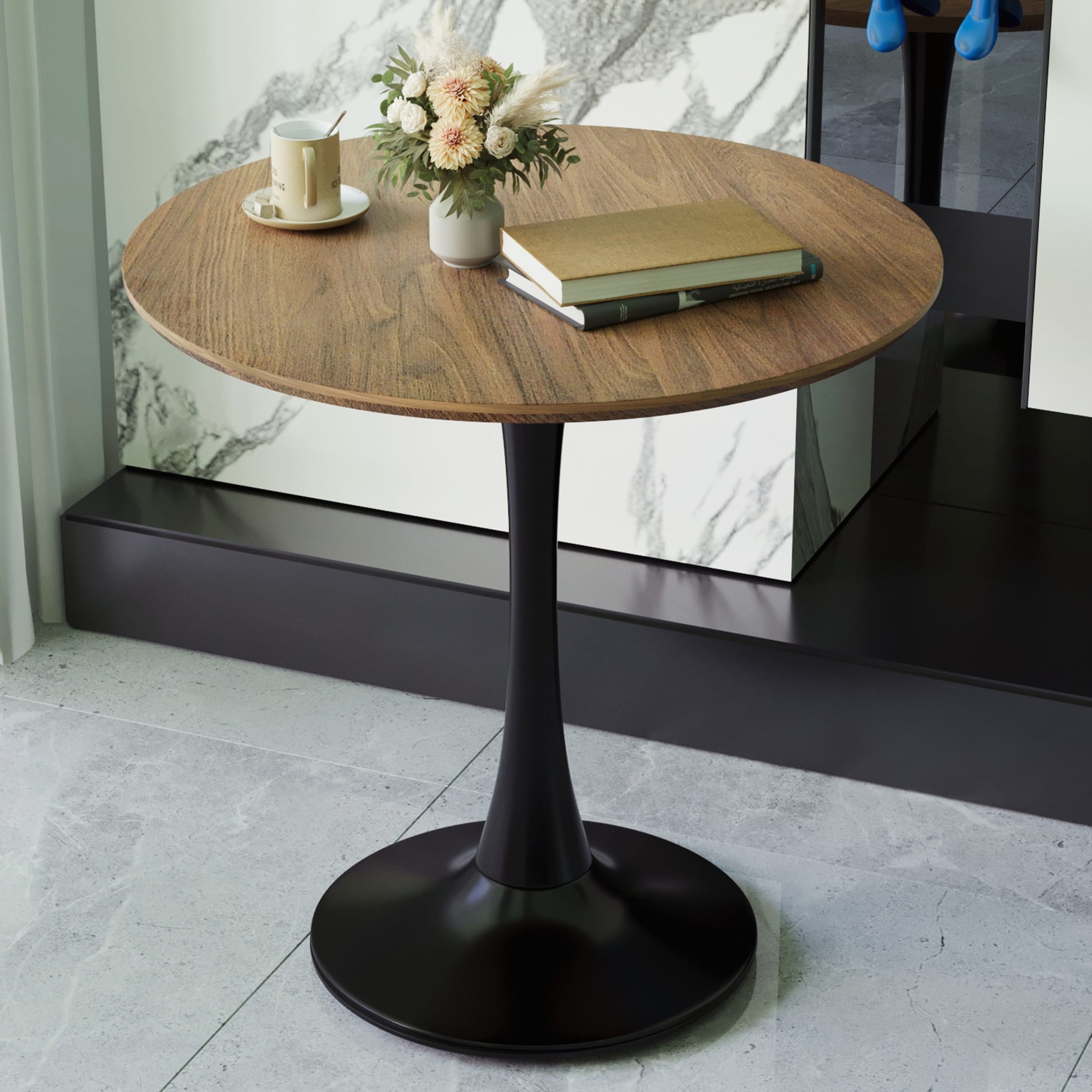 Mid-Century Modern Round Walnut Dining Table with MDF Top and Pedestal Base for Small Spaces and Multi-Use