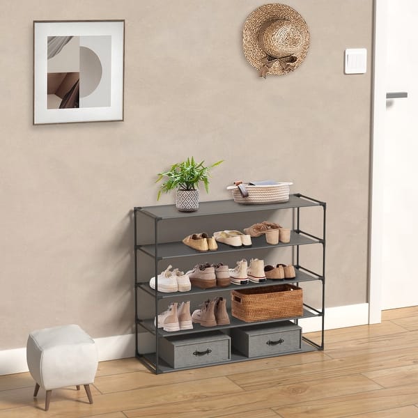 Shoe Rack Detachable Non-Woven Waterproof Fabric Shoe Organizer Tower Black Set of 2 - 5-Tier