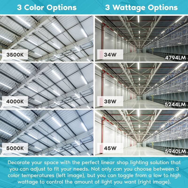 Luxrite 4FT LED Strip Light Fixture, 34W/38W/45W, 5940 Lumens, 3 Color Selectable 3500K-5000K, Dimmable, Damp Rated
