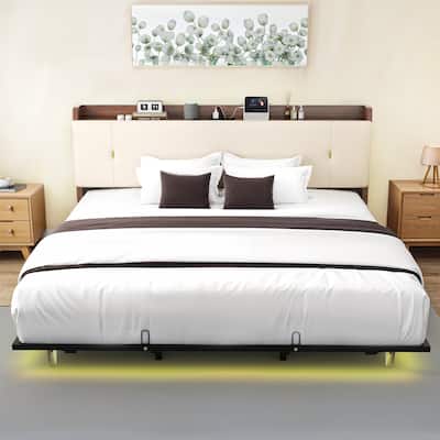 Moasis Floating Bed Frame with LED Lights PU Upholstered Platform Bed Frames