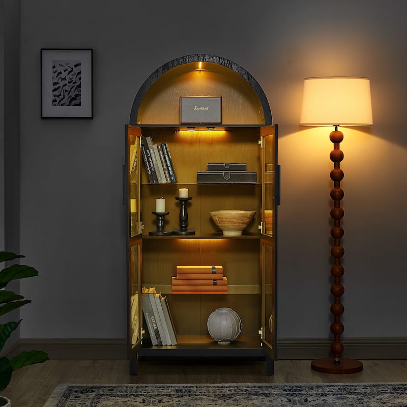 67" Arched Storage Cabinet with Glass Doors, Curio Display Cabinet with LED Strips, Adjustable Shelves, 4-Tier Wood Bookcase