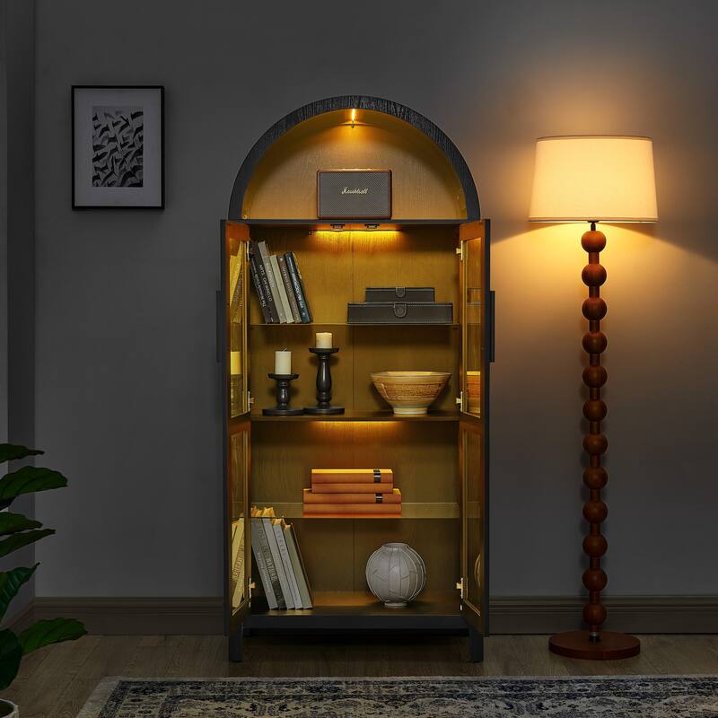 Roomfitters Arched Display Cabinet with Glass Doors, Modern Wooden Storage Cabinet with Adjustable Shelves for Entryway