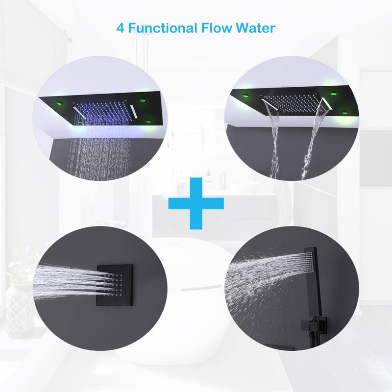 LED 4-Way Complete Rain and Waterfall Shower System with 3 body Jets & High-pressure Handheld, Ceiling Mounted