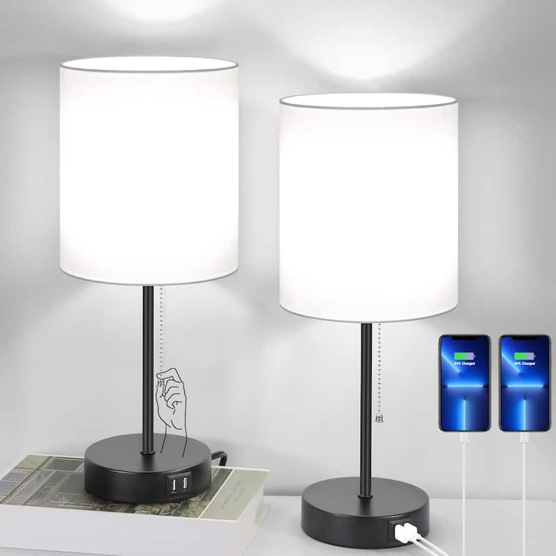 Table Lamps Set of 2 with USB Charging Ports, White Bedside Lamps with AC Outlet, Nightstand Lamps with Pull Chain Switch - White