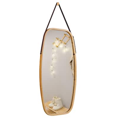 Costway 30'' Modern Rectangle Wall Hanging Framed Mirror w/ Faux - Natural Bamboo - 30.5'' x 17.5'' x 0.6'' (L x W x T)
