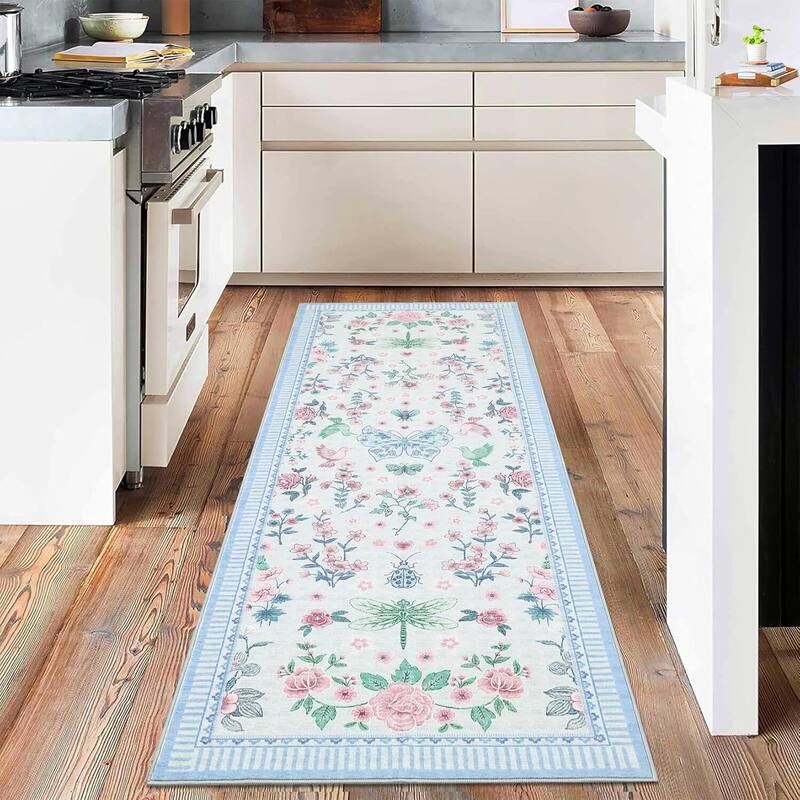 Modern Floral Machine Washable Indoor Waterproof Area Rug for Bedroom, Living Room, Blue - 2' x 3'