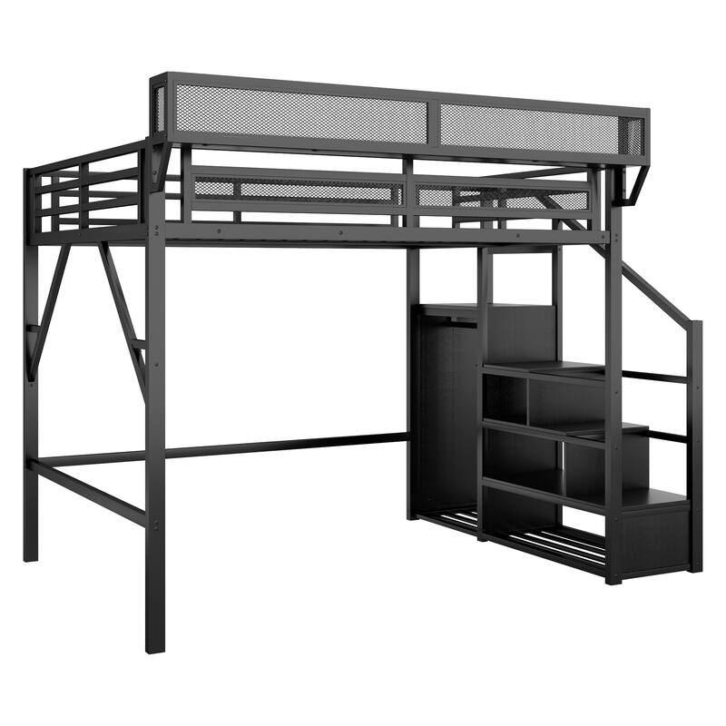 Black Metal Queen Loft Bed with Storage Shelves Wardrobe for Kids Teens Adults