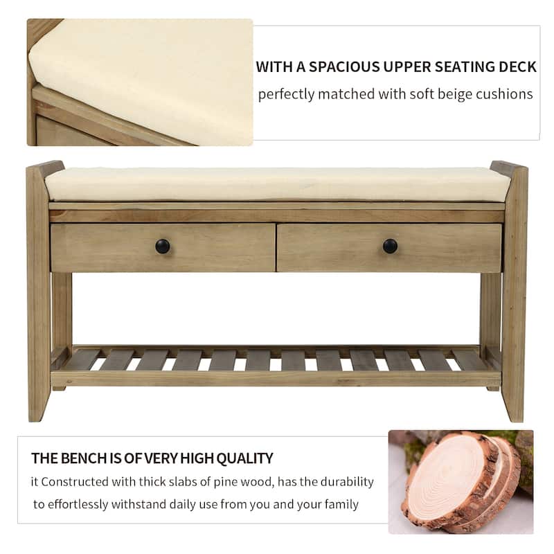 Shoe Rack with Cushioned Seat and Drawers, Multipurpose Entryway Storage Bench (White)