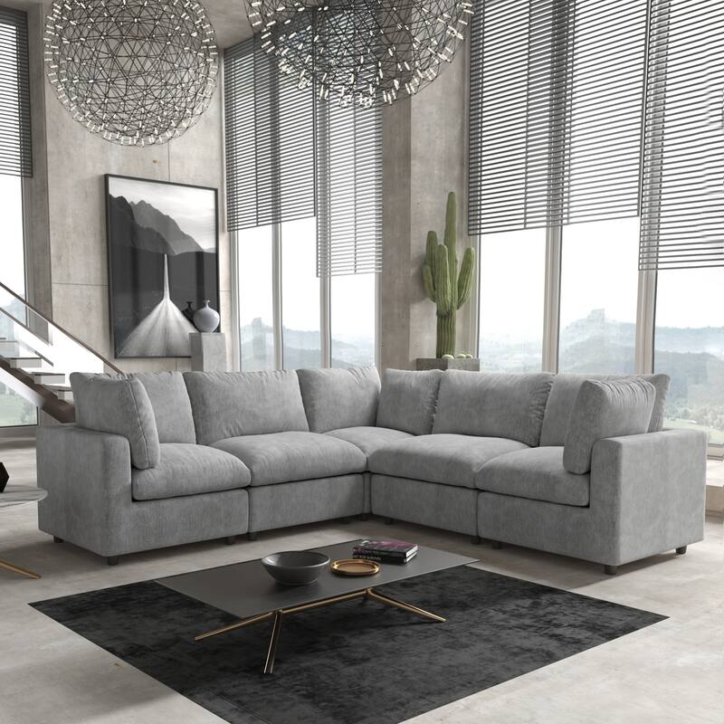 Corner Sofa Minimalist Upholstered Cushion Sofa Chenille Modular Sectional Couch - Light Grey