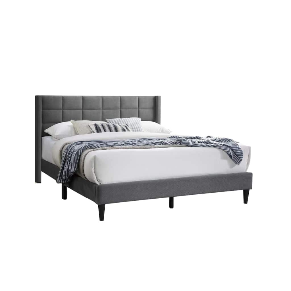 Zensa Full Bed, Light Gray Linen Upholstery, Padded Wing Headboard