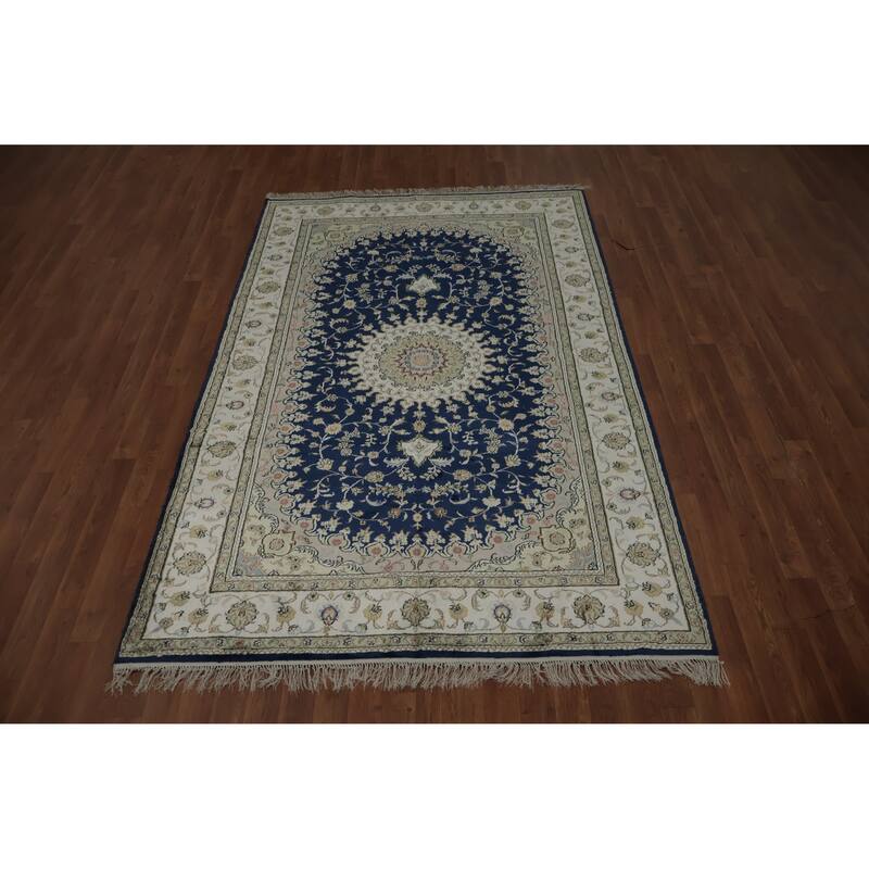 Hand Knotted Oriental Silk Carpet Traditional Floral Navy Blue & Blues Kashmar Area Rug - 7' 10'' X 5' 0''
