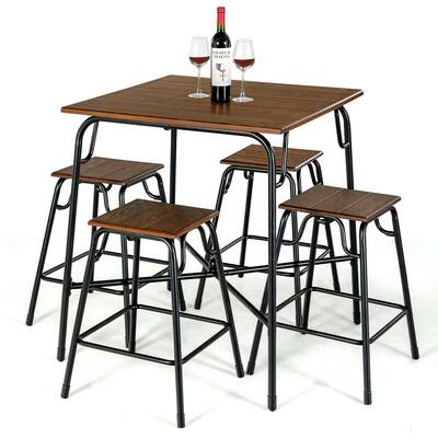 Gymax 5PCS Bar Table Set Counter Height Dining Set w/ 4 Stools Rustic