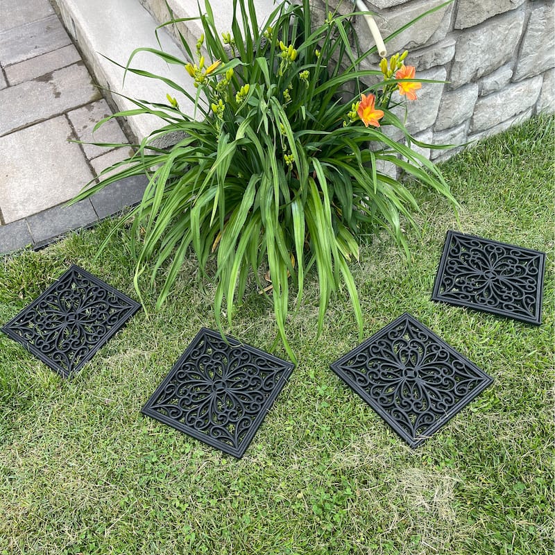 4 Piece 12 inch Square Rubber Scrollwork Step Mat Set - 12"Lx12"Wx.4"H